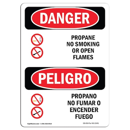 OSHA Danger Sign, Propane No Smoking Or Open Flames, 24in X 18in Rigid Plastic